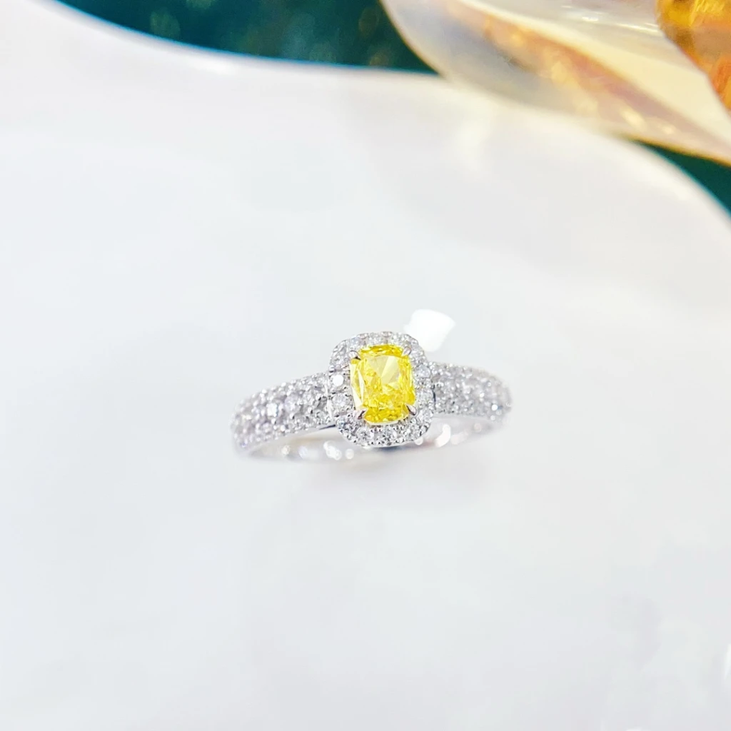 18K lab-grown yellow diamond cushion halo ring C...