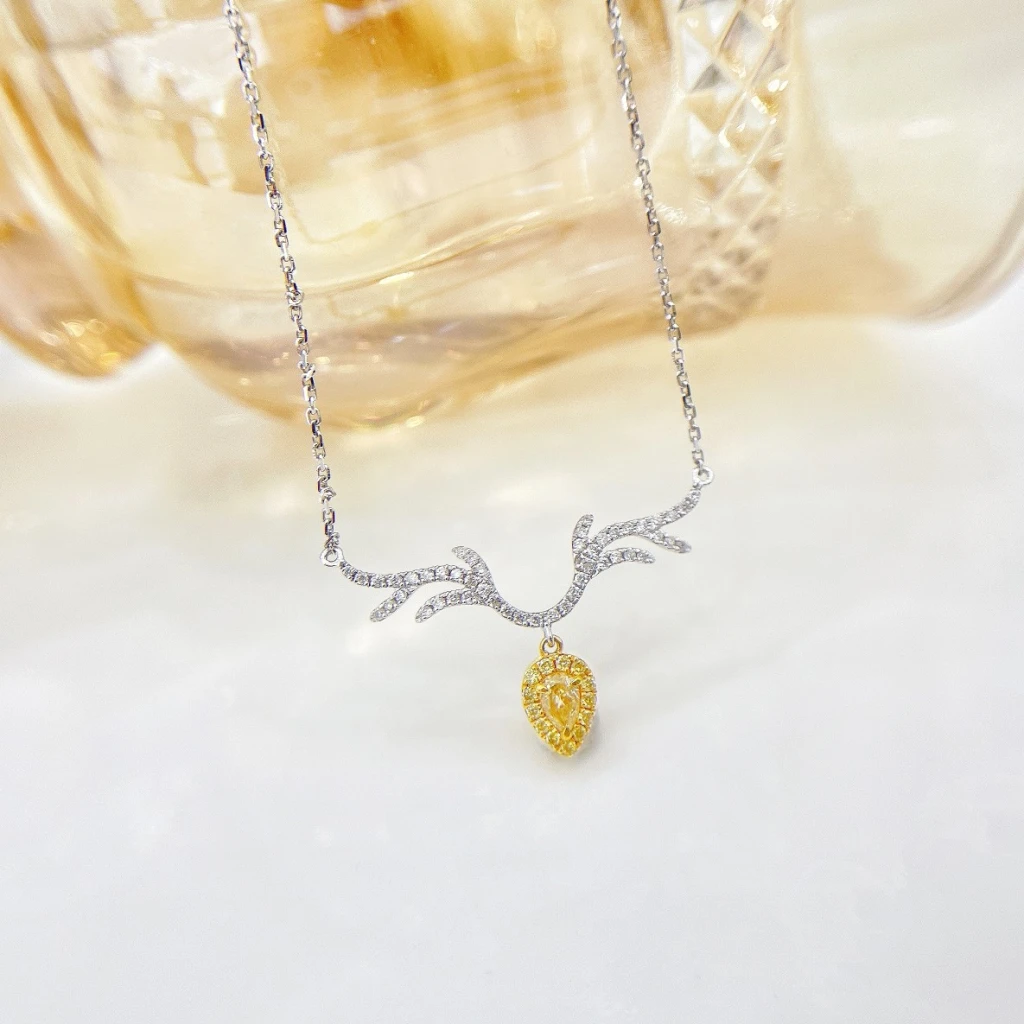 18K yellow diamond teardrop antler necklace, fea...